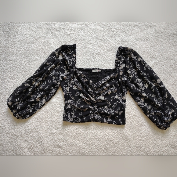 Lush Tops - Lush Women's Medium Black White Floral Blouse Sheer Sleeves Ruched Smocked Top
